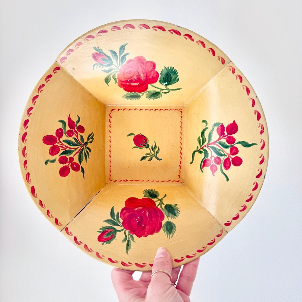 Vintage Hand Painted Toleware Bowl Yellow w/ Red Roses Floral 10.5 x 3 Folk Art